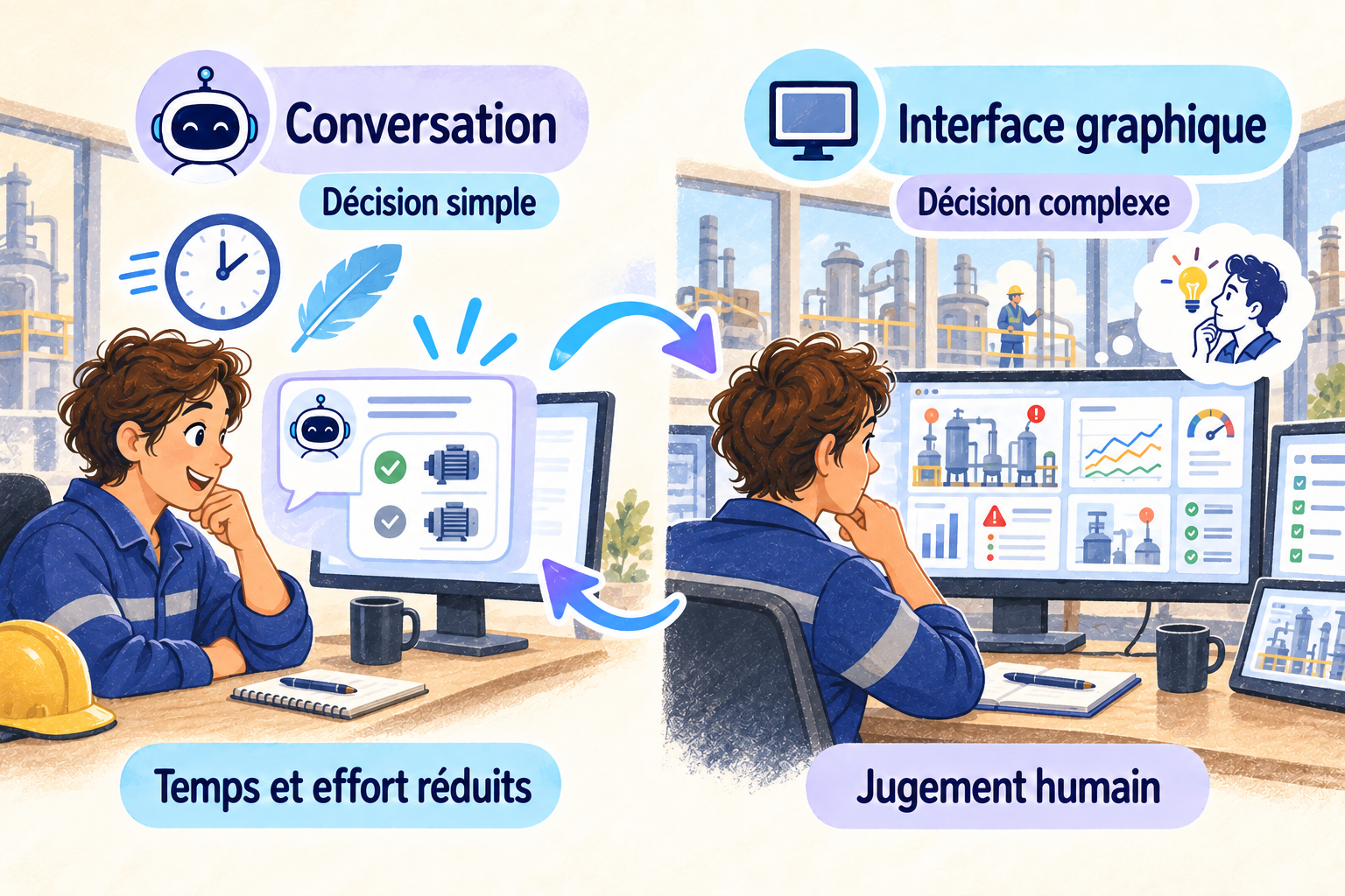 Comparaison illustrée : conversation adaptée à la décision simple avec temps et effort réduits à gauche, interface graphique adaptée à la décision complexe nécessitant le jugement humain à droite
