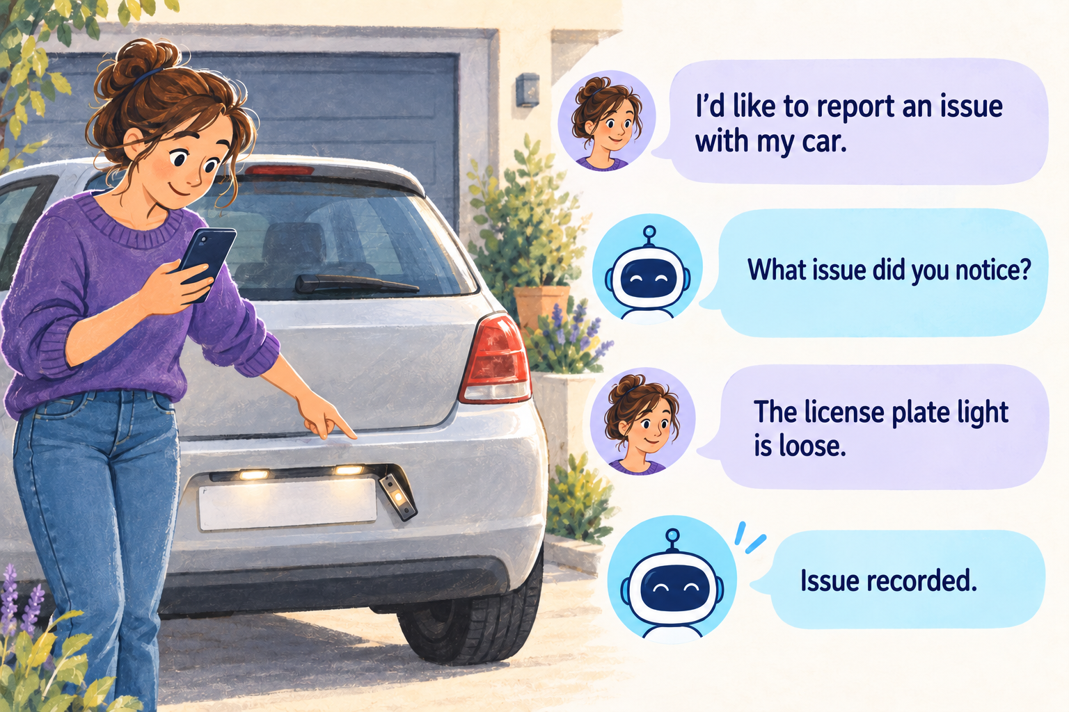 Conversational exchange in ChatGPT: the user reports a defect noticed on her car (loose license plate light), the assistant asks for the defect then confirms it was recorded
