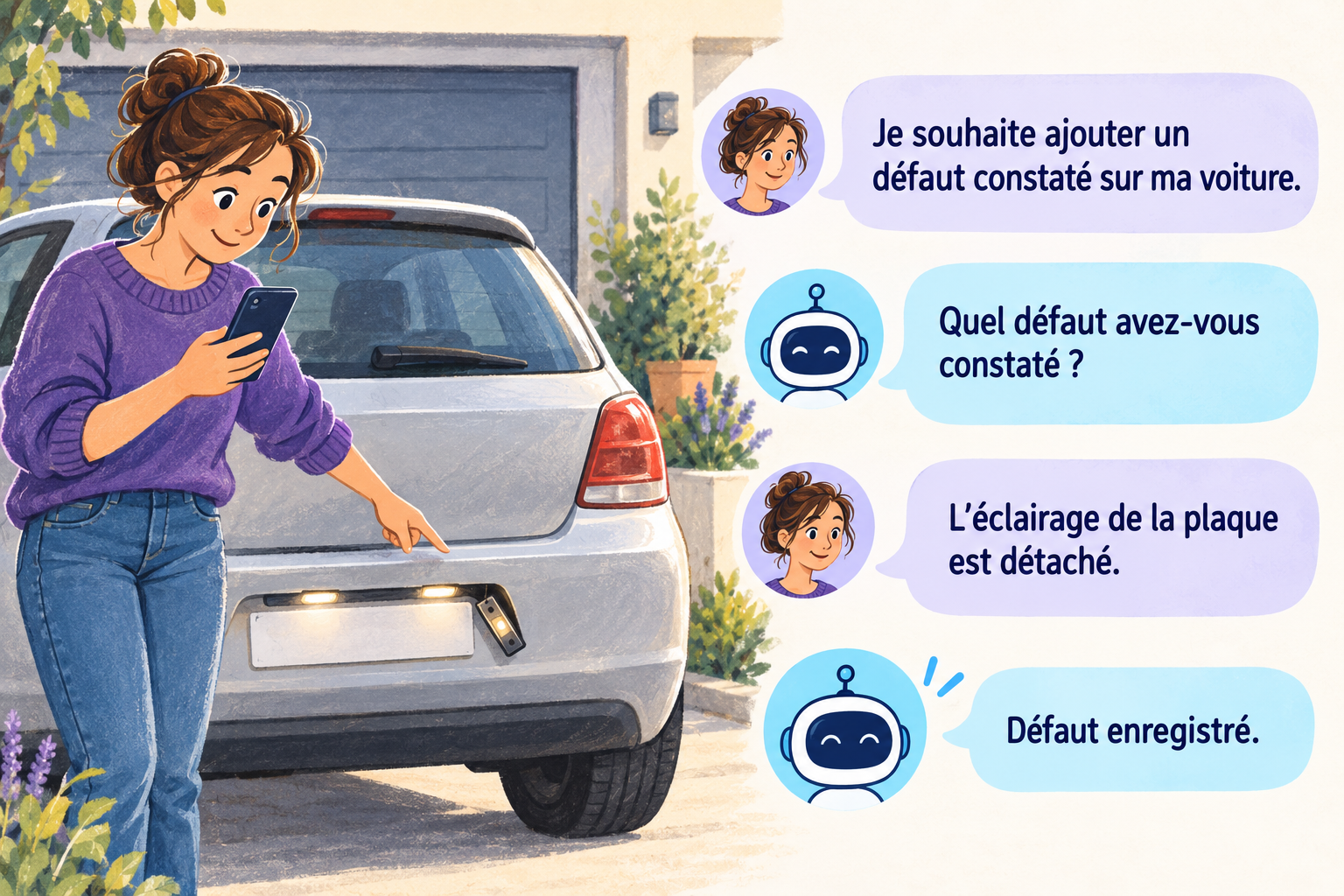Échange conversationnel dans ChatGPT : l'utilisatrice signale un défaut constaté sur sa voiture (éclairage de plaque détaché), l'assistant demande le défaut puis confirme son enregistrement