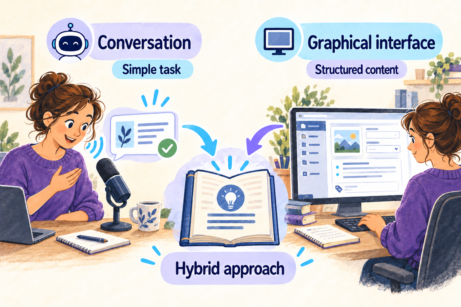 Illustrated comparison: conversation suited to simple tasks on the left, graphical interface suited to structured content on the right, converging toward a hybrid approach