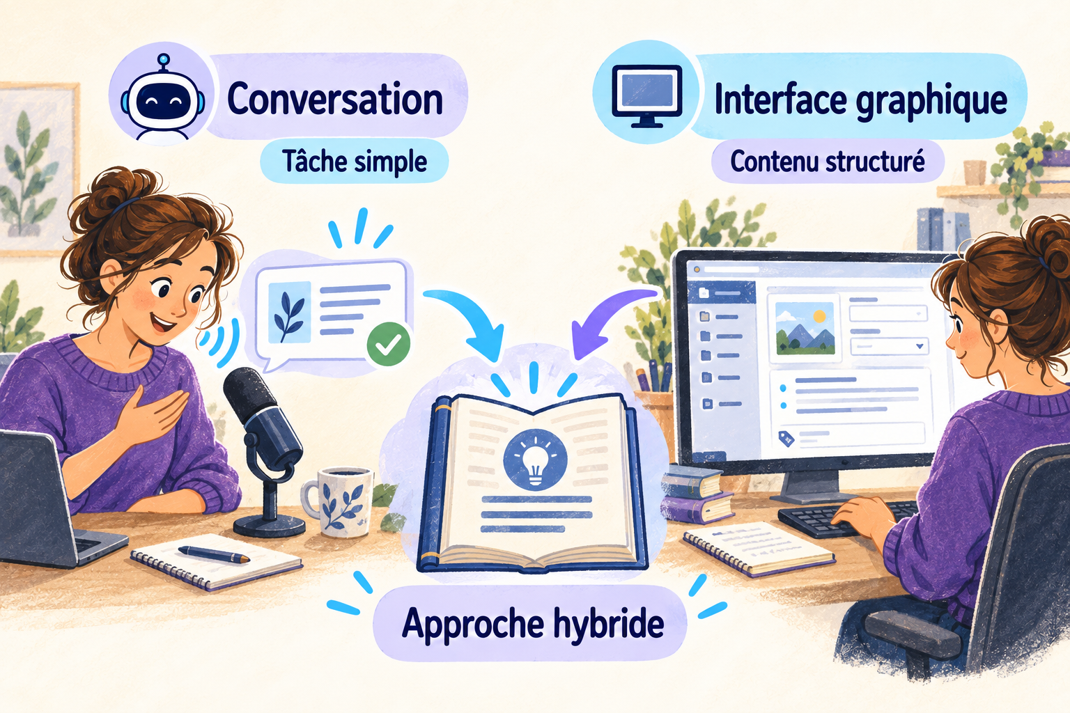 Comparaison illustrée : conversation adaptée aux tâches simples à gauche, interface graphique adaptée au contenu structuré à droite, convergeant vers une approche hybride