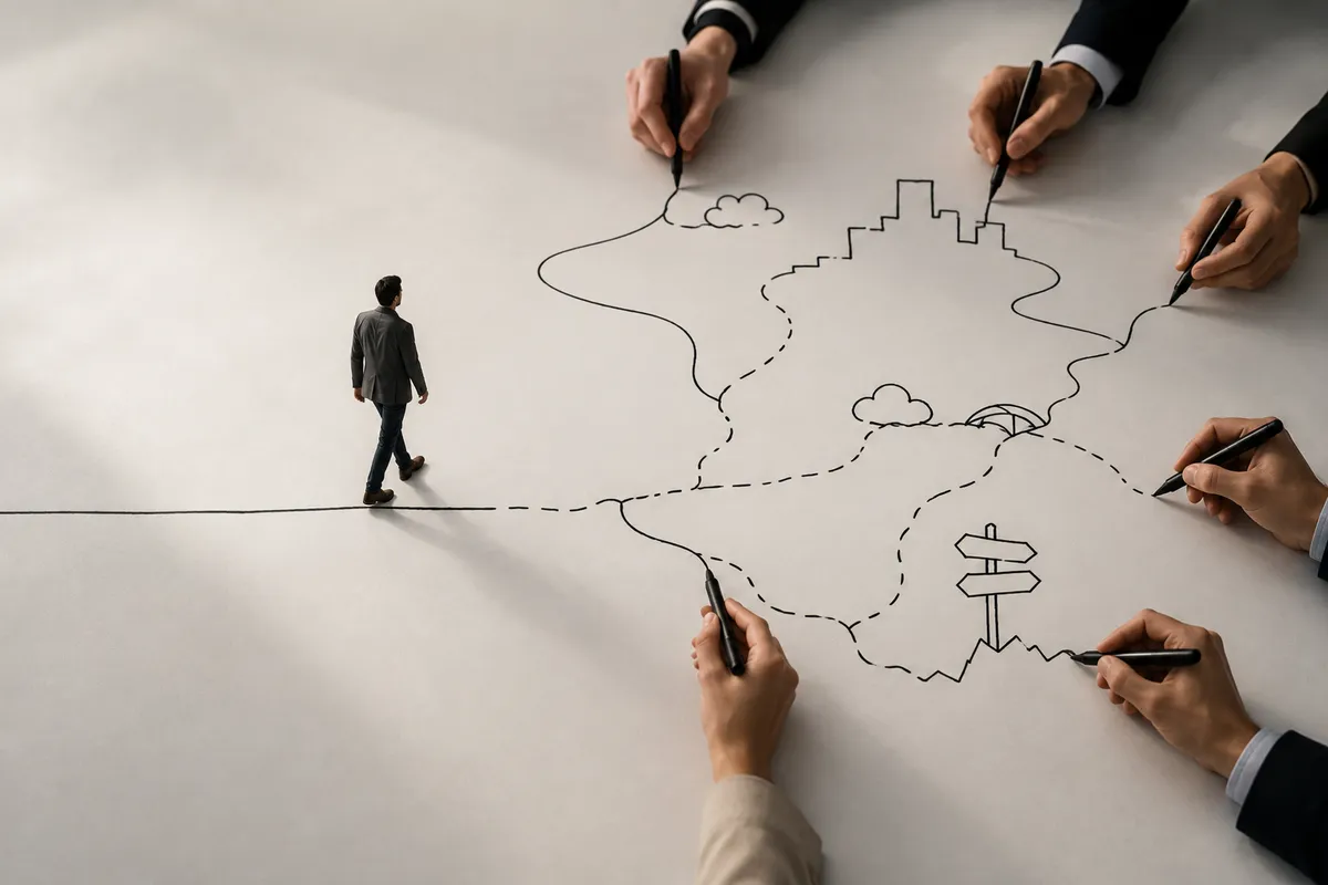 A professional walking across a landscape whose roads, borders, and signposts are only sketched in as he moves forward