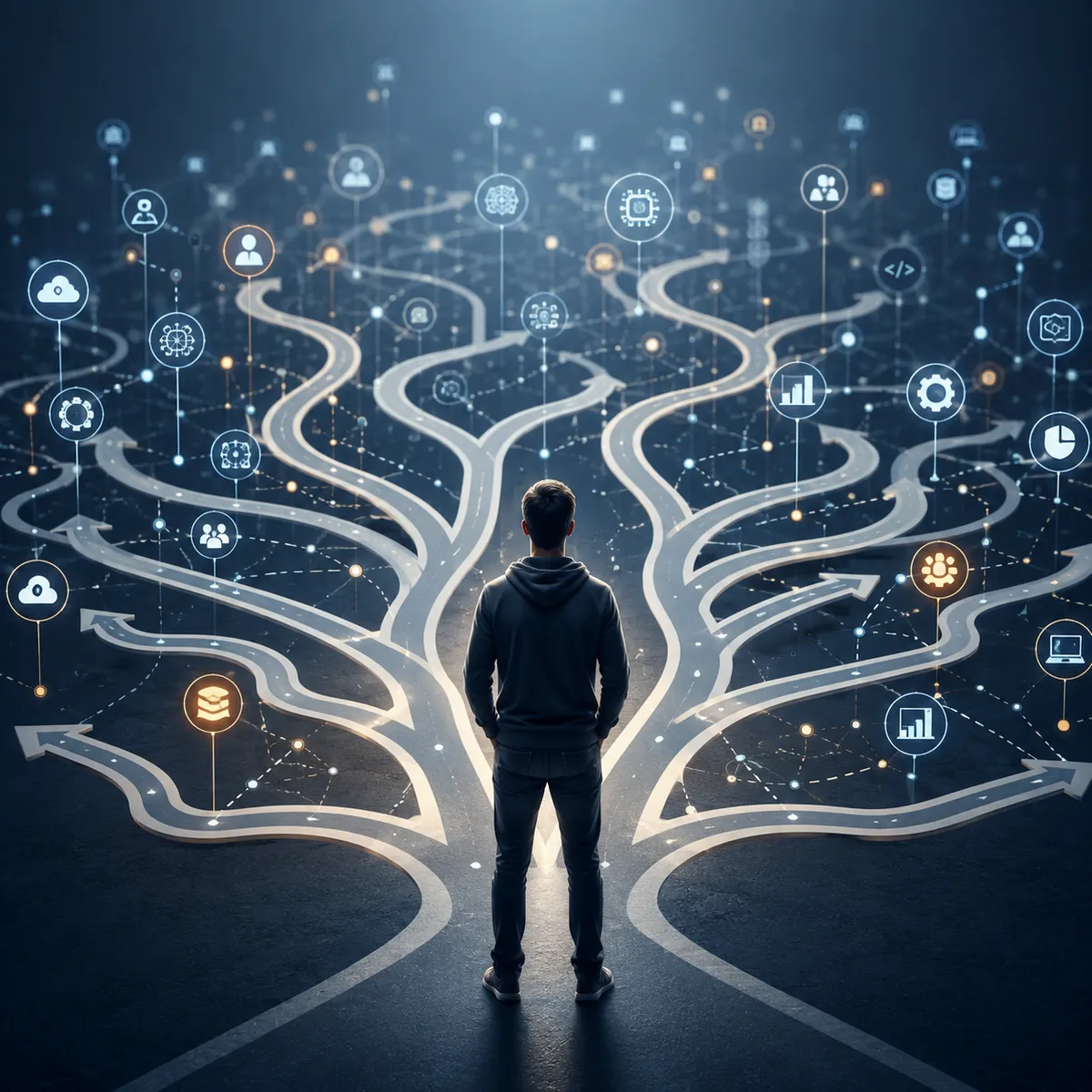 A developer seen from behind, facing a multitude of branching, overlapping career paths, illustrating an AI job map that has become unreadable