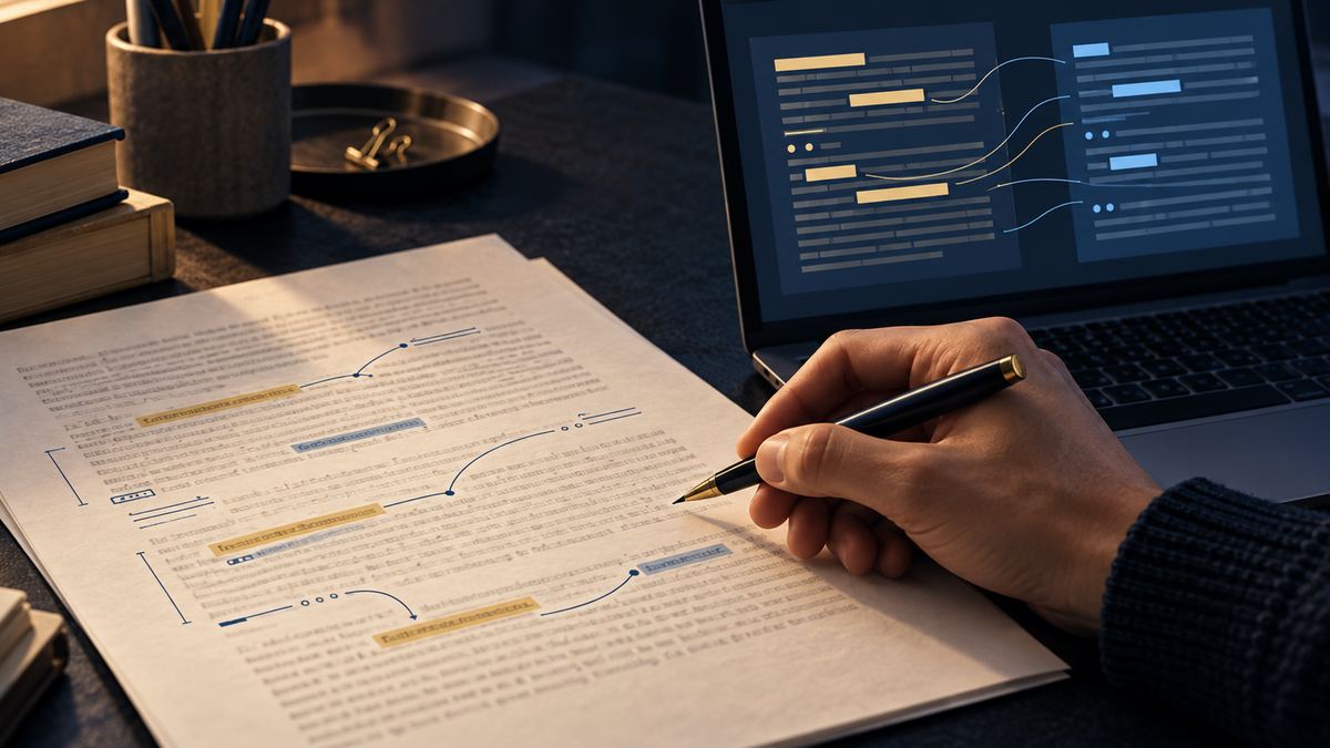 A person examines patterns highlighted in a text, without an automatic verdict.