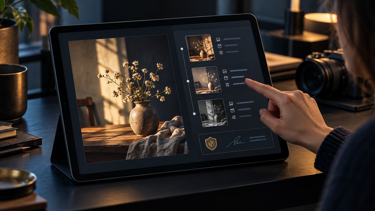 A person examines creation and editing steps associated with an image file.